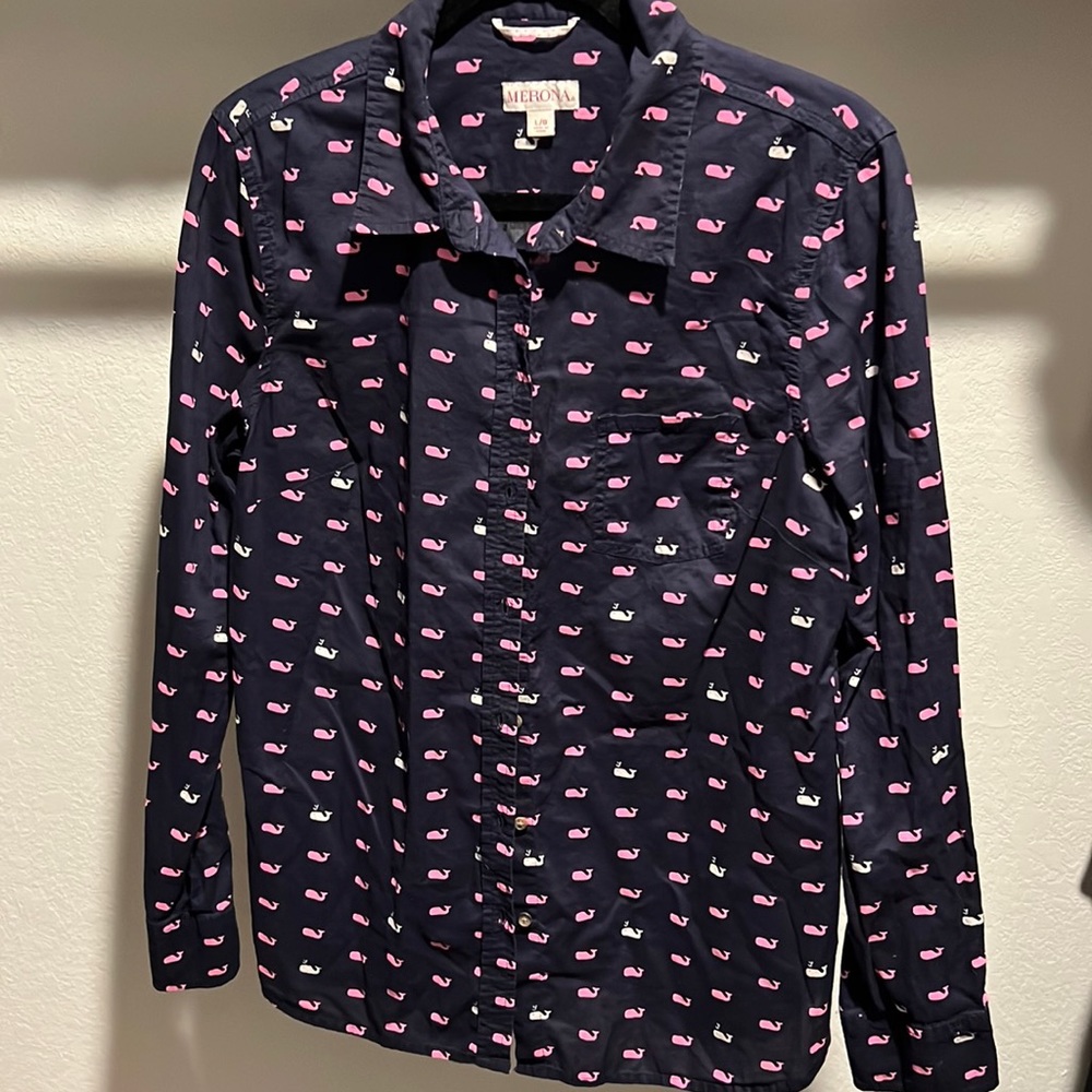 Merona large button down pink and white whale shirt